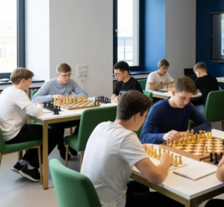 Sakk oktatás és táblás játék tréning egy modern tanteremben